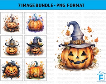 Pumpkin Clipart, 7 High-Quality PNGs, Halloween Pumpkin Png, Watercolor Pumpkin, Commercial Use, Sublimation, Printable, Digital Downloads