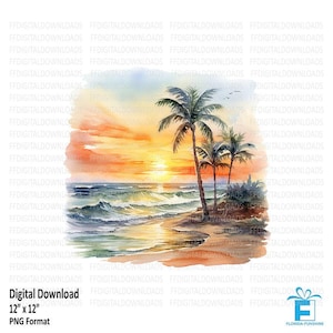 Beach Sunset Clipart, Beach Sunset Png, Watercolor Beach Sunset, Sunset Digital Clipart, Sublimation, Printable, Digital Download, #5486