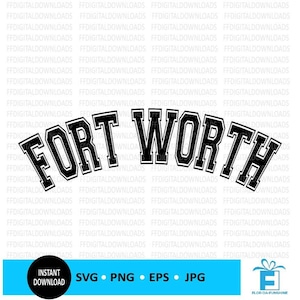 Puede incluir: Diseño gráfico en blanco y negro del texto "FORT WORTH" en una fuente de estilo universitario. El texto está arqueado y tiene un contorno blanco.