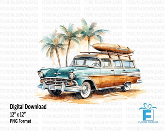 Vintage Station Wagon Clipart, Woody with Surf Board, Vintage Station Wagon PNG, Sublimation, Printable, Digital Download, #4081