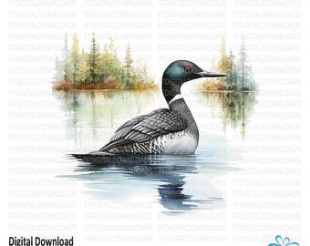 Può includere: Un dipinto ad acquerello di un tuffatore che nuota in un lago. Il tuffatore è nero e bianco con un occhio rosso. Il lago è blu e verde con un riflesso del tuffatore nell'acqua. Ci sono alberi sullo sfondo.