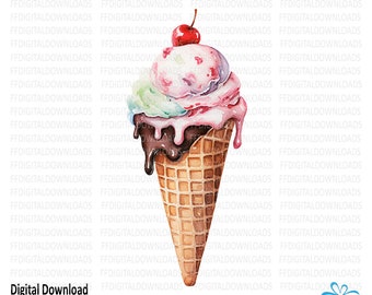 Ice Cream Cone Clipart, Ice Cream Cone Png, Watercolor Ice cream Cone, Sublimation, Printable, Digital Download, #4300