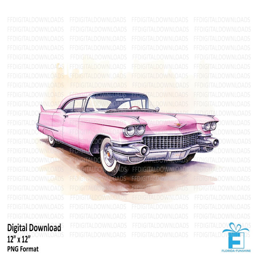Pink Cadillac Clipart, Pink Cadillac Png, Watercolor Pink Cadillac, Vintage Car Clipart, Sublimation, Printable, Digital Download, #5638