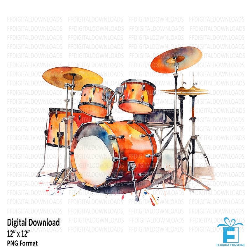 Drum Set Clipart, Drum Set Png, Watercolor Drum Set, Drum Set Image, Digital Clipart, Sublimation, Printable, Digital Download, #5464