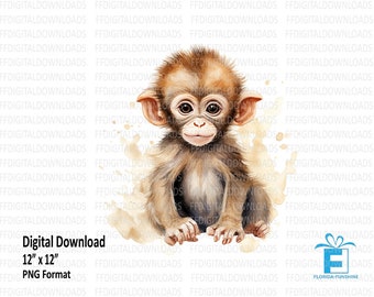 Baby Monkey Clipart, Monkey PNG, Watercolor Monkey Clipart, Baby Monkey PNG, Monkey Sublimation, Printable, Digital Download, #4094
