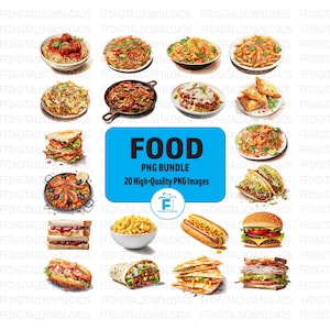 Food PNG Bundle, 20 Food Clipart Images, Digital Clipart, Food Clipart Bundle, Mexican Food, Pasta, Sandwiches, Printable, Sublimation