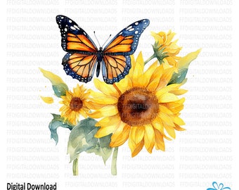 Sunflower with Butterfly Clipart, Sunflower with Butterfly Png, Watercolor Sunflower, Sublimation, Printable, Digital Download, #4216