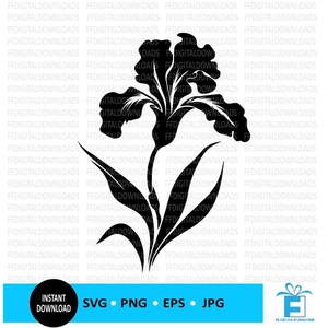 Pode incluir: Silhueta preta de uma flor de íris com folhas. A flor tem três pétalas e um caule longo.