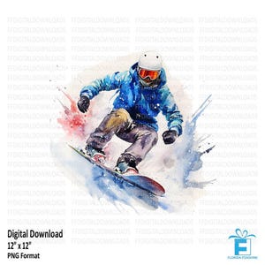 May include: A watercolor painting of a snowboarder in blue clothing and a white helmet, riding down a snowy slope. The snowboarder is in mid-air, with a splash of red and blue paint behind them. The painting is set against a white background.