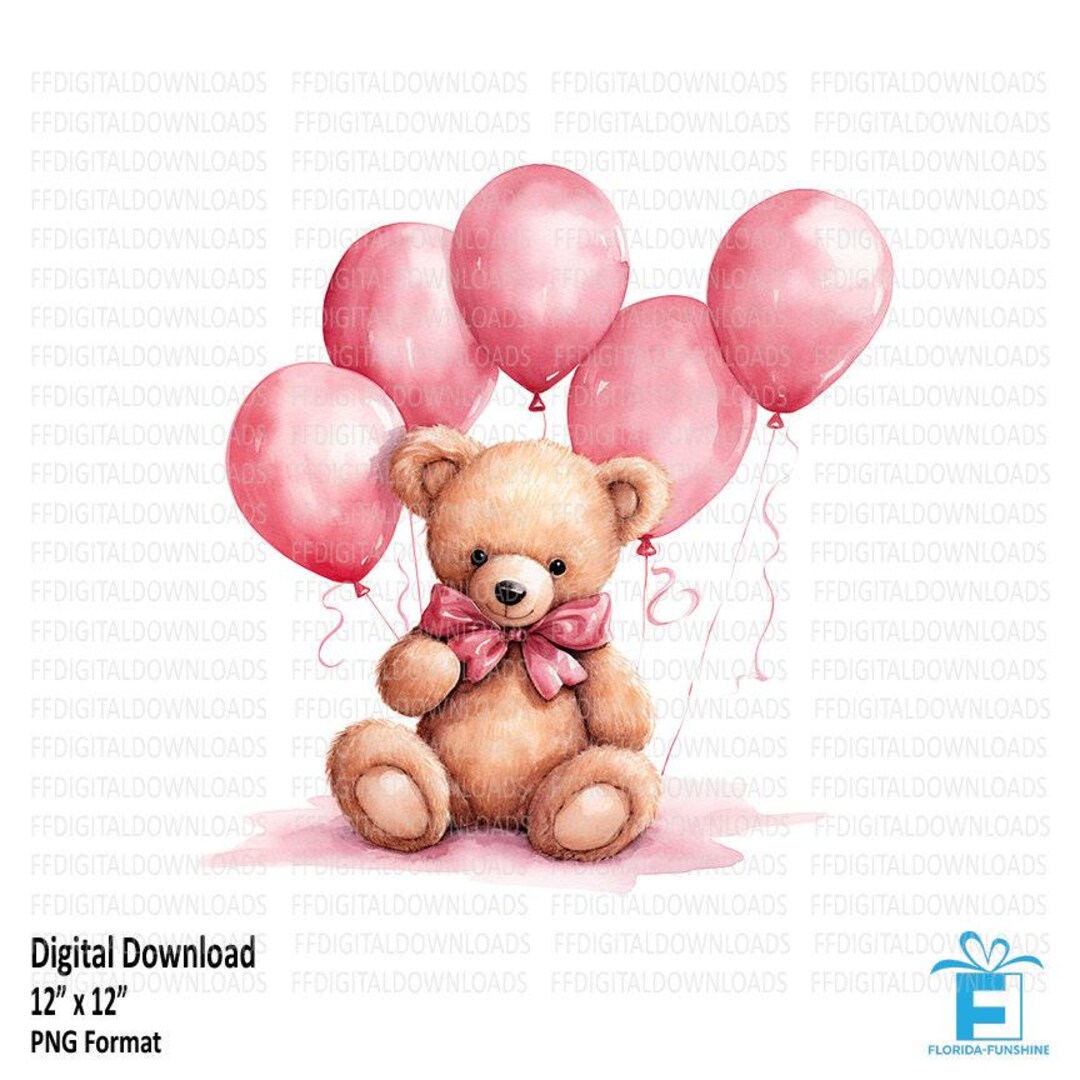 Watercolor Teddy Bear With Pink Balloons Clipart (digital Download) - Etsy