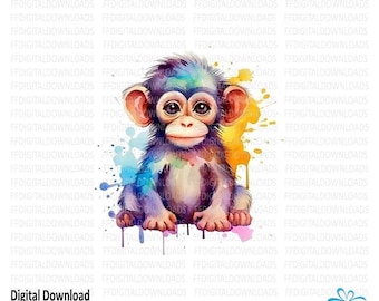 Baby Monkey PNG, Monkey PNG, Watercolor Monkey Clipart, Colorful Monkey PNG, Sublimation, Printable, Digital Download, #0222