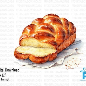 Puede incluir: Ilustración en acuarela de un pan trenzado challah de color marrón dorado, con una rebanada cortada, sobre un paño blanco. El pan tiene un aspecto brillante y trenzado. Descarga digital, 30,48 cm x 30,48 cm Formato PNG.