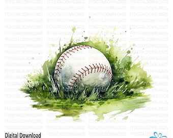 Baseball Clipart, Baseball PNG, Watercolor Baseball, Baseball on grass, Digital Clipart, Sublimation, Printable, Digital Download, #5636