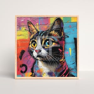 Cat Art PNG, kleurrijk kunstwerk van kat, digitaal kunstwerk, afdrukbare digitale download, kattenliefhebber kunst instant download