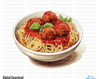 Spaghetti and Meatballs Clipart, Italian Food PNG (Digital Download)