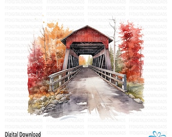 Imágenes prediseñadas de puente cubierto, imágenes prediseñadas de puente cubierto, puente cubierto en acuarela, imagen de puente cubierto, sublimación, imprimible, descarga digital. #5439