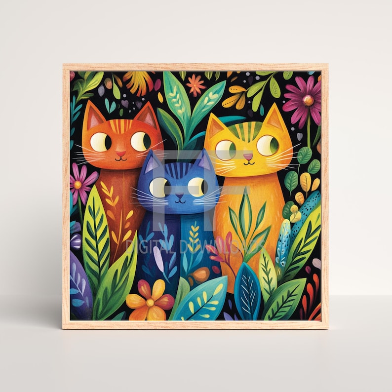 Cat Art PNG, Whimsical Colorful Artwork of 3 Cats, Digital Artwork ...