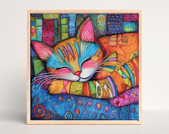 Cat Art PNG, Whimsical Colorful Artwork of napping cat, Digital Artwork, Printable Digital Download, Cat Lover art instant download