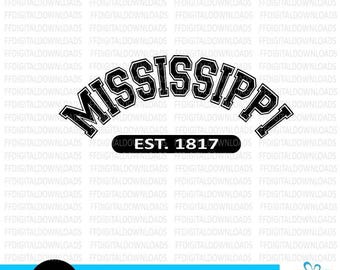 May include: Black and white graphic design of the word "Mississippi" in an arched font with the text "Est. 1817" below it.