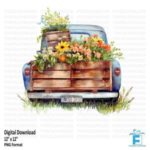 Blue Vintage Pickup Truck, Blue Vintage Truck PNG, Watercolor Old Fashioned Pickup Truck, Pickup Truck with Flowers, Printable, #0145