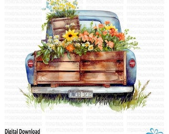 Blue Vintage Pickup Truck, Blue Vintage Truck PNG, Watercolor Old Fashioned Pickup Truck, Pickup Truck with Flowers, Printable, #0145