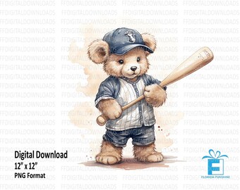 Baseball Bear Clipart, Teddy Bear PNG, Teddy Bear with Baseball Cap Png, Digital Clipart, Sublimation, Printable, Digital Download, #4051