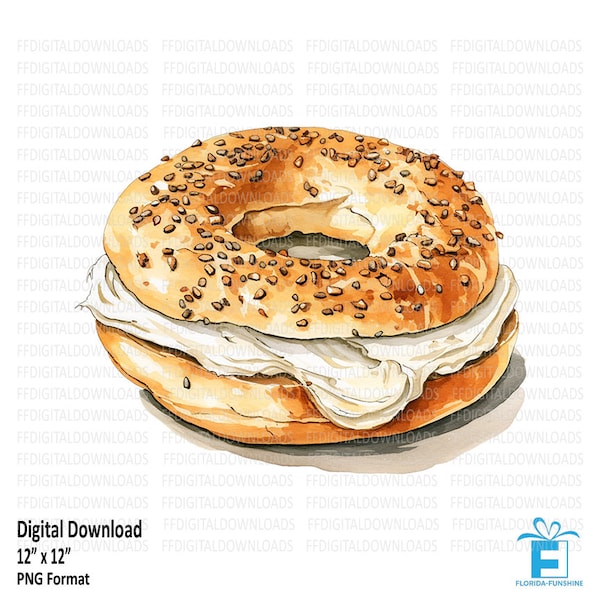 Bagel Clipart, Bagel PNG, Bagel with Cream Cheese clipart, Sesame Bagel, Digital Clipart, Sublimation, Printable, Digital Download, #5037