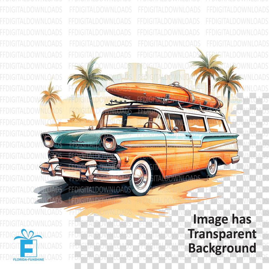 絵画　ハワイアン　wagon Vintage Station Wagon With Surf Board Clipart, Vintage Station