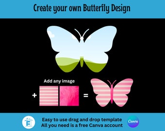 Motyl Canva Frame, Przeciągnij i upuść edytowalny szablon Canva, Sublimacja PNG, Clipart motyla, Utwórz własny clipart motyla