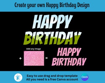 Happy Birthday Canva Frame, Drag and Drop Editable Canva Template, Sublimation, Happy Birthday Clipart, Create your own Birthday clipart