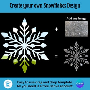 May include: A graphic showing how to create a snowflake design using a free Canva account. A white snowflake silhouette is overlaid with a grainy image of a snowy scene to create a snowflake design.