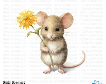 Mouse and flower clipart, Mouse PNG, Cute Mouse Clipart, Mouse Graphic Design, DTG, Sublimation, Printable Digital download, #4134