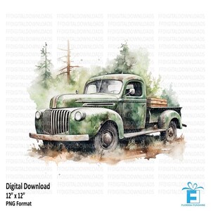 Green Vintage Pickup Truck Clipart, Rustic Pickup Truck PNG, Watercolor Vintage Pickup Truck, Sublimation, Printable, Digital Download #5535