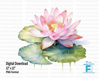 Lotus Flower PNG, Lotus Flower on Lilypad Clipart, Watercolor Lotus Png, Lotus Design, Sublimation, Printable, Digital Download, #4024