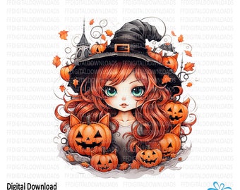 Cute Witch Clipart, Cute Witch Png, Cute Halloween Witch Digital Clipart, Halloween Clipart, Sublimation, Printable, Digital Download, #4199