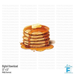 May include: A stack of five golden brown pancakes with a pat of butter on top and a drizzle of maple syrup. The pancakes are arranged in a pile with the syrup dripping down the sides.