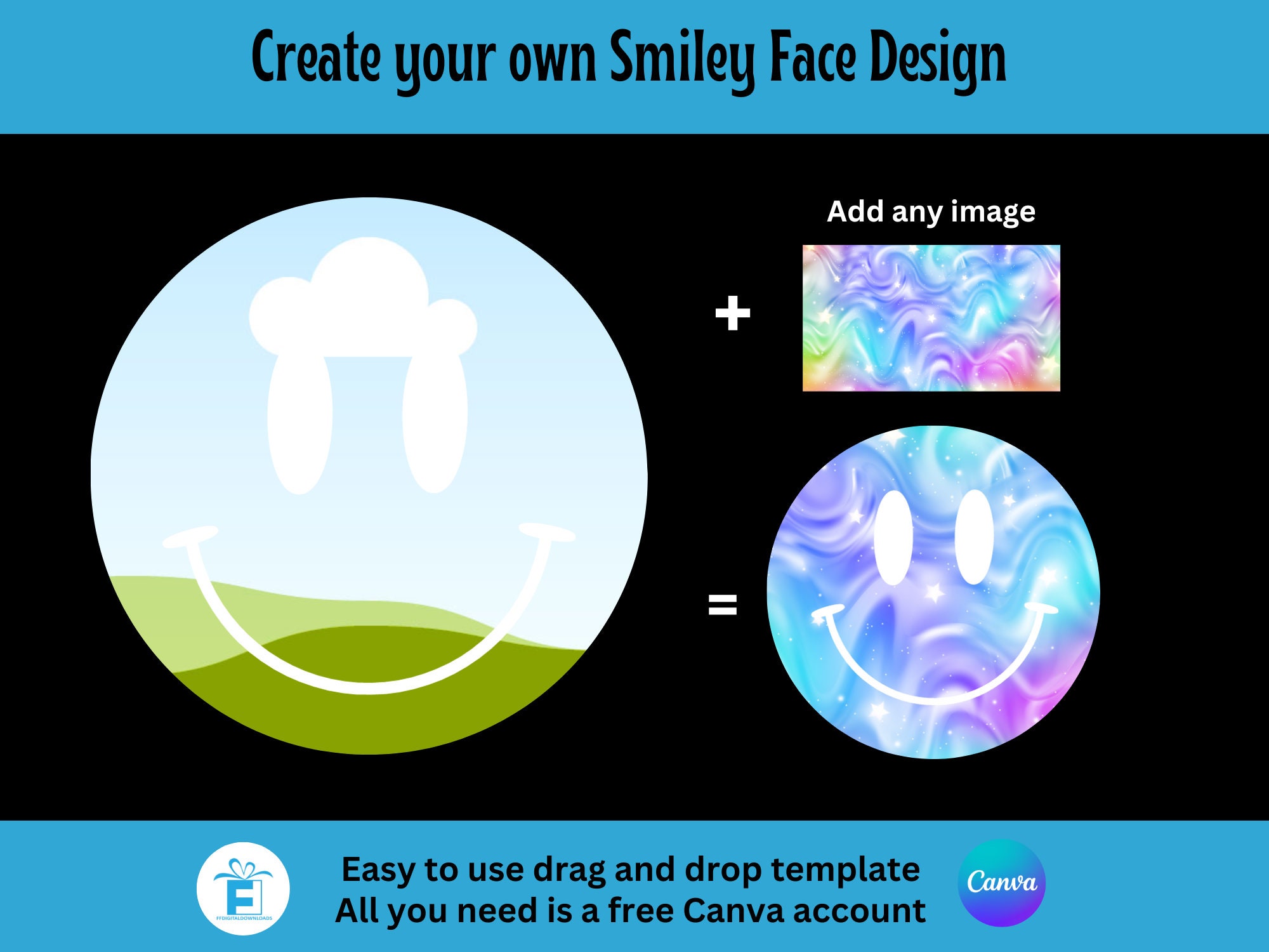 Smiley Face Clipart, Smiley Face Canva Frame, Drag and Drop Editable Canva Template, Sublimation PNG, Create your own Smiley Face clipart