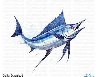 Blue Marlin Clipart, Blue Marlin Png, Watercolor Blue Marlin, Digital Clipart, Sublimation, Printable Marlin, Digital Download. #5042