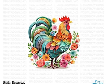 Chicken PNG, Chicken Clipart, Chicken with Flowers, Floral Chicken Design, Chicken, Chicken Sublimation, Printable, Digital Download, #0198
