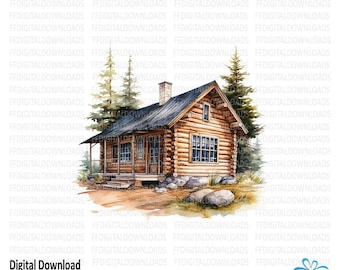 Cabane en rondins PNG, cabine PNG, aquarelle cabane Clipart, cabane en rondins rustique PNG, cabane vintage, sublimation, imprimable, téléchargement numérique, #0226