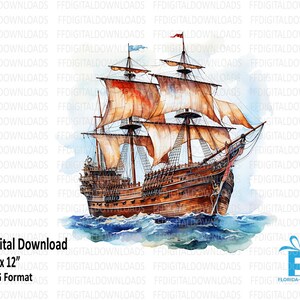 Pirate Ship Clipart, Pirate Ship PNG, Watercolor Pirate Ship, Pirate Design, Pirate art, Sublimation, Printable, Digital Download. #4068