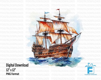 Pirate Ship Clipart, Pirate Ship PNG, Watercolor Pirate Ship, Pirate Design, Pirate art, Sublimation, Printable, Digital Download. #4068