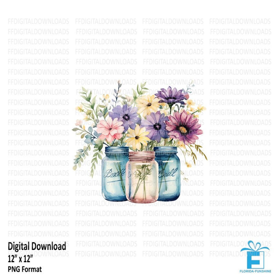 Mason Jars PNG, Mason Jars With Flowers, Watercolor Floral Clipart ...