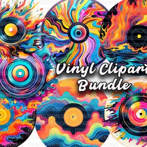 Paquete de imágenes prediseñadas de discos de vinilo, 7 PNG de alta calidad, discos de vinilo psicodélicos, arte de discos de vinilo, imprimibles, descargas digitales, uso comercial