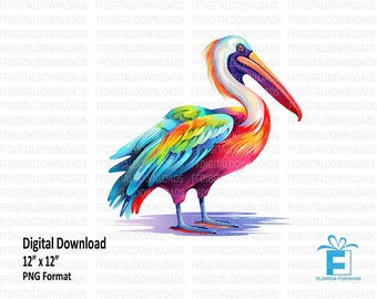 Colorful Pelican PNG, Pelican Clipart, Watercolor Pelican, Pelican Png, Sublimation, Digital Clipart, Printable, Digital Download. #4152