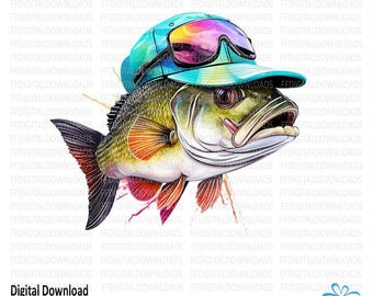 Funny Bass Fish PNG, Watercolor Fish Clipart, Bass Fish Sunglasses Baseball Hat, PNG, Commercial Use, Fish Print, Funny Bass Design, #0157