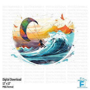 Puede incluir: Una ilustración digital de una persona haciendo kitesurf en una gran ola. La cometa es colorida y geométrica, y la ola es azul y blanca. El fondo es una puesta de sol con tonos naranja, amarillo y morado.