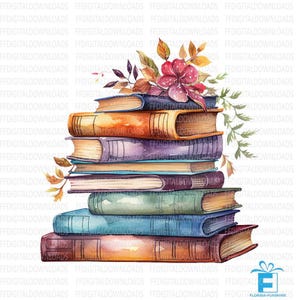 Book Clipart Bundle, 7 High-Quality PNGs, Stack of Books Clipart, Watercolor Books, Commercial Use, Sublimation, Printable, Digital Download
