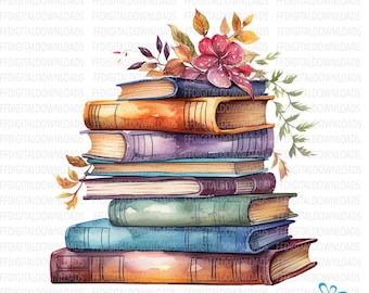 Book Clipart Bundle, 7 High-Quality PNGs, Stack of Books Clipart, Watercolor Books, Commercial Use, Sublimation, Printable, Digital Download