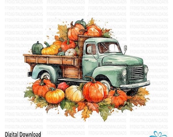 Vintage Truck with Pumpkins Clipart, Fall Clipart, PNG, Vintage Pickup Truck PNG, Fall Art, Sublimation, Digital Downloads, Printable, #5116
